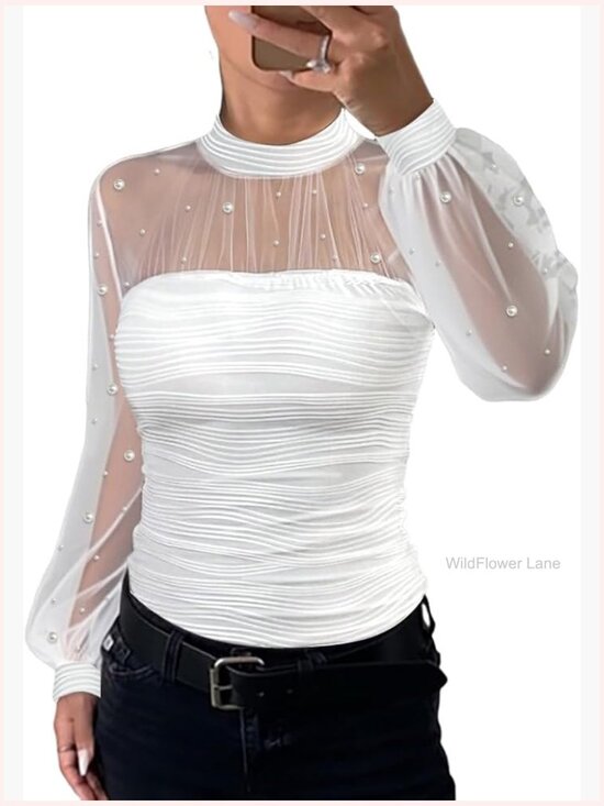 Tops - Pearl Decor Long Sleeve Blouse Mesh Spliced Going Out Top